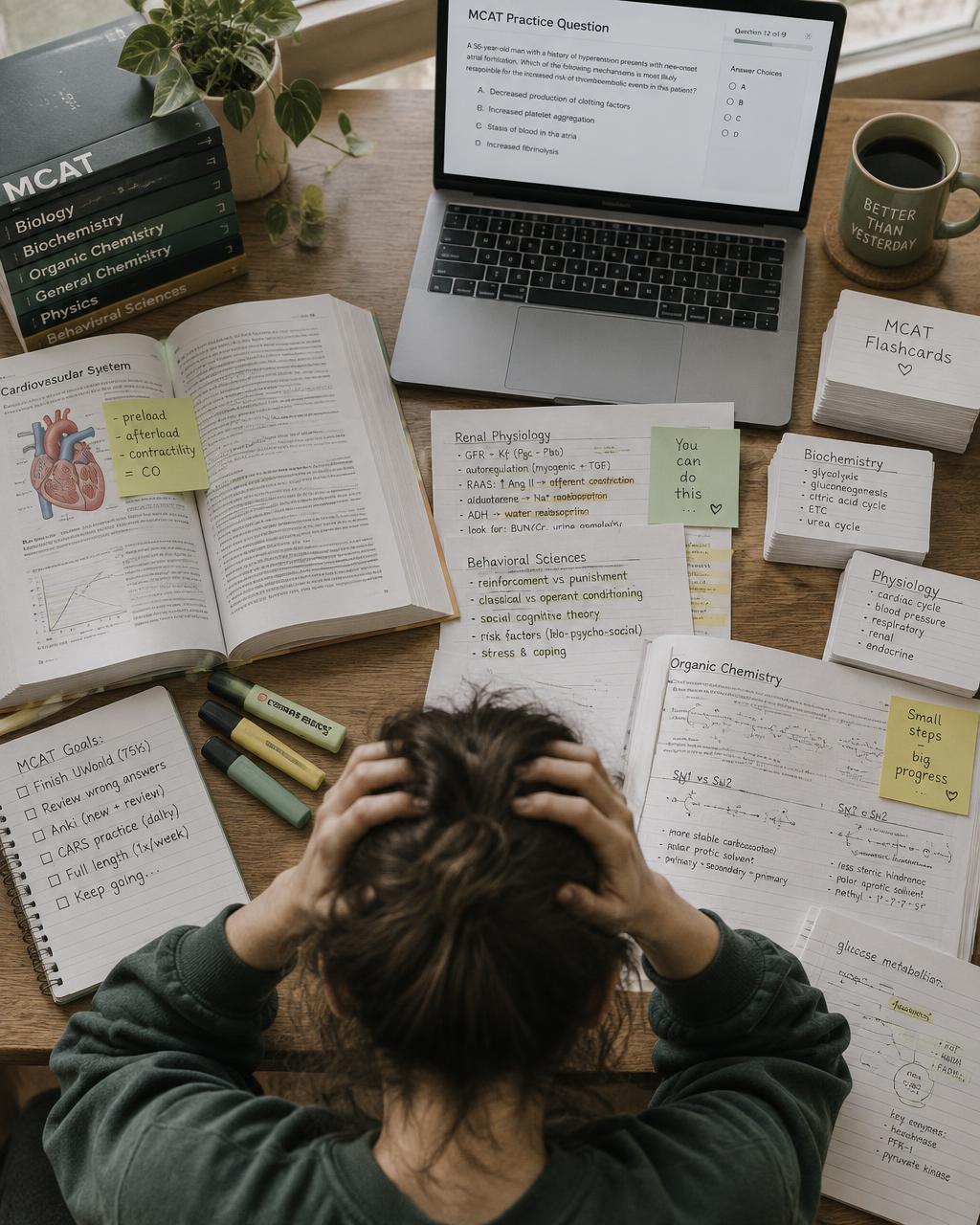 Overhead view of a student at a desk buried under MCAT study materials, hands pressed to their head in overwhelm.